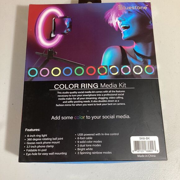 Bluestone Color Ring Media Kit LEDRGB 9 Colors 8"Ring Light Phone - Picture 2 of 4